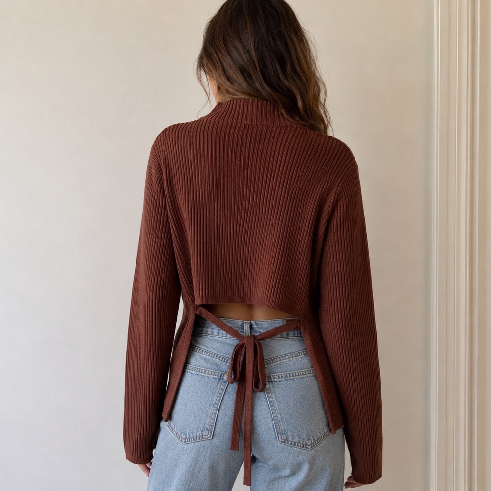Babaton Chocolate Brown Opal Ambrosia Sculpt Knit Top Tie Back XL Minimalist
